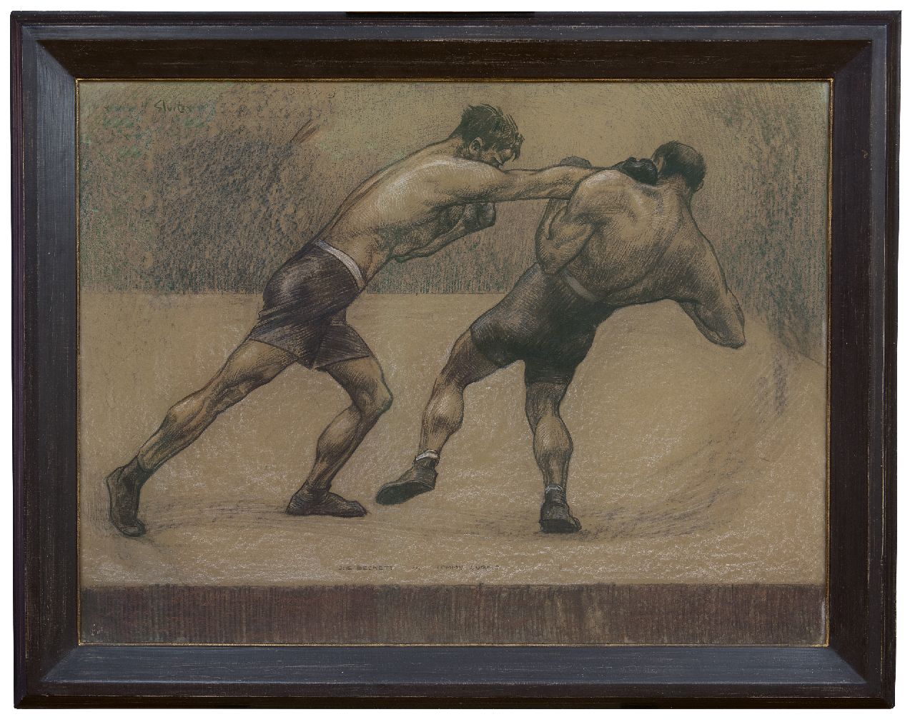 Sluiter J.W.  | Jan Willem 'Willy' Sluiter, De bokswedstrijd van Joe Beckett tegen Tommy Burns, Londen 1920, houtskool en pastel op papier op board 70,6 x 101,5 cm, gesigneerd linksboven en verso met naamstempel en gedateerd 'London' 1920