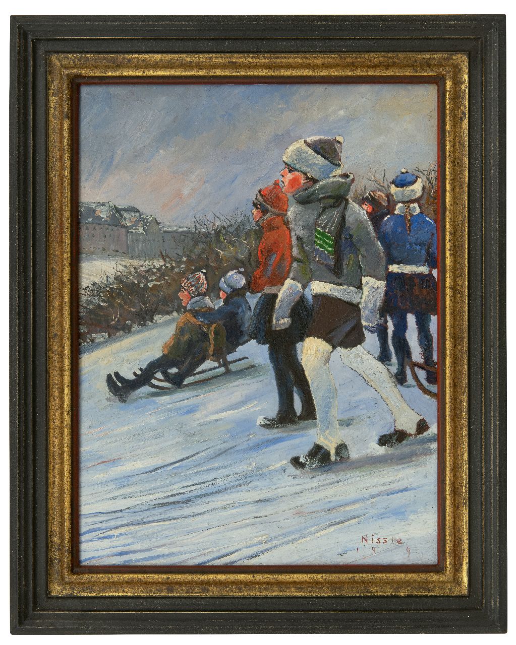 Nissle F.  | Fritz Nissle, Sleeënde kinderen op een helling, olieverf op schilderskarton 41,6 x 31,2 cm, gesigneerd rechtsonder en gedateerd 1919