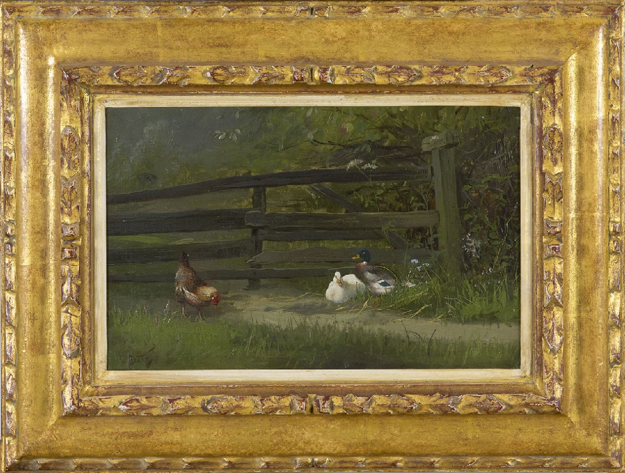 Jutz C.  | Carl Jutz | Schilderijen te koop aangeboden | Kip en eenden bij een tuinhek, olieverf op papier op paneel 21,6 x 32,1 cm, gesigneerd linksonder en zonder lijst