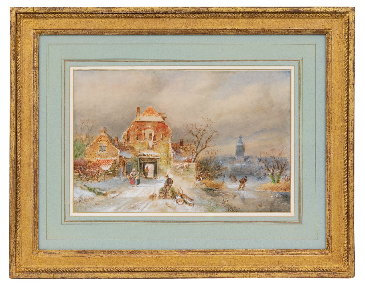 Leickert C.H.J. | 'Charles' Henri Joseph Leickert, Winters dorpsgezicht met schaatsers, aquarel op papier 23,1 x 34,8 cm, gesigneerd linksonder Leickert C.H.J. | 'Charles' Henri Joseph Leickert, Winters dorpsgezicht met schaatsers, aquarel op papier 23,1 x 34,8 cm, gesigneerd linksonder