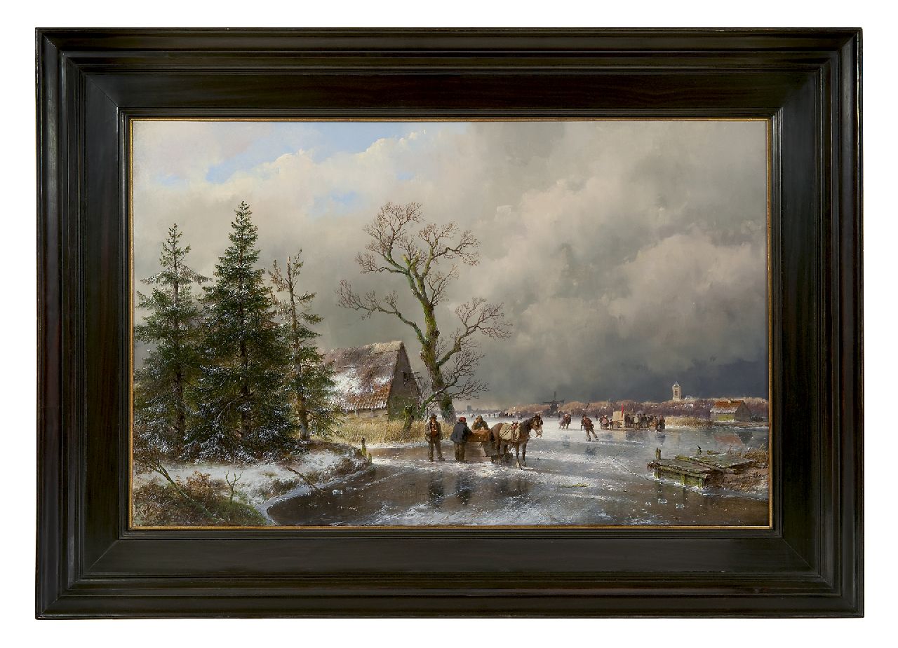 Schelfhout A. | Andreas Schelfhout, Schaatsvolk en trekslede op een bevroren vaart, olieverf op paneel 52,2 x 83,0 cm, gesigneerd rechtsonder en gedateerd 1869 Schelfhout A. | Andreas Schelfhout, Schaatsvolk en trekslede op een bevroren vaart, olieverf op paneel 52,2 x 83,0 cm, gesigneerd rechtsonder en gedateerd 1869
