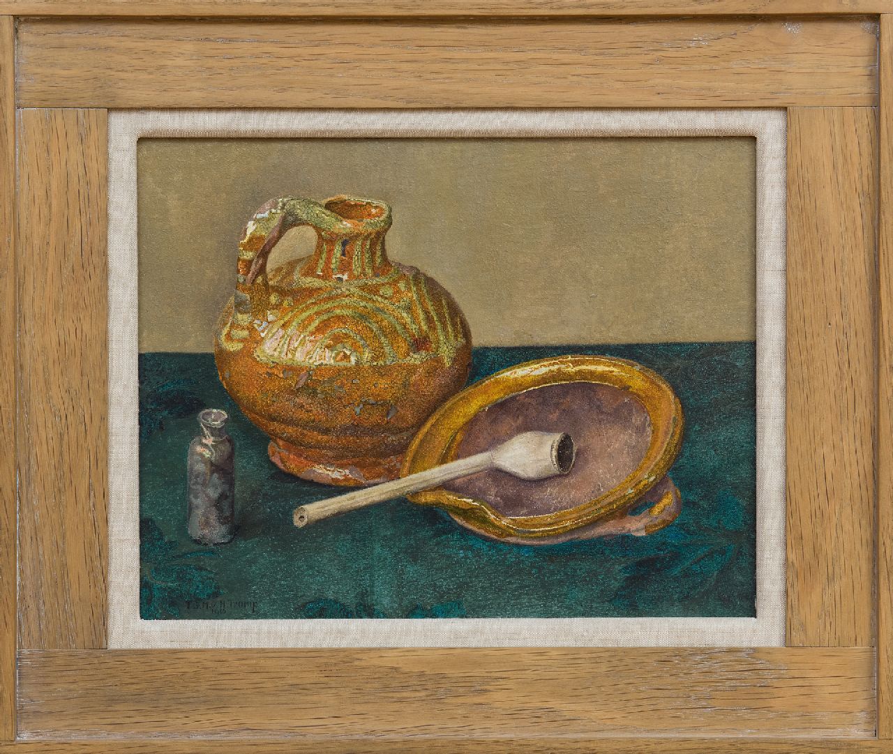 Hettinga Tromp T.G.M. van | Tjitske Geertruida Maria van Hettinga Tromp | Schilderijen te koop aangeboden | Stilleven met aardewerken kruik, schaal en pijp, olieverf op paneel 21,5 x 27,1 cm, gesigneerd linksonder en gedateerd 1910 Hettinga Tromp T.G.M. van | Tjitske Geertruida Maria van Hettinga Tromp | Schilderijen te koop aangeboden | Stilleven met aardewerken kruik, schaal en pijp, olieverf op paneel 21,5 x 27,1 cm, gesigneerd linksonder en gedateerd 1910
