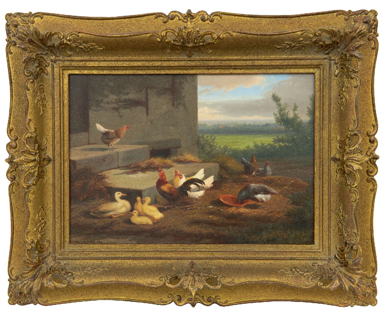 Leemputten J.L. van | Jean-Baptiste Leopold van Leemputten | Schilderijen te koop aangeboden | Kippen en eenden op een boerenerf, olieverf op paneel 24,0 x 36,2 cm, gesigneerd linksonder en gedateerd 1869 Leemputten J.L. van | Jean-Baptiste Leopold van Leemputten | Schilderijen te koop aangeboden | Kippen en eenden op een boerenerf, olieverf op paneel 24,0 x 36,2 cm, gesigneerd linksonder en gedateerd 1869