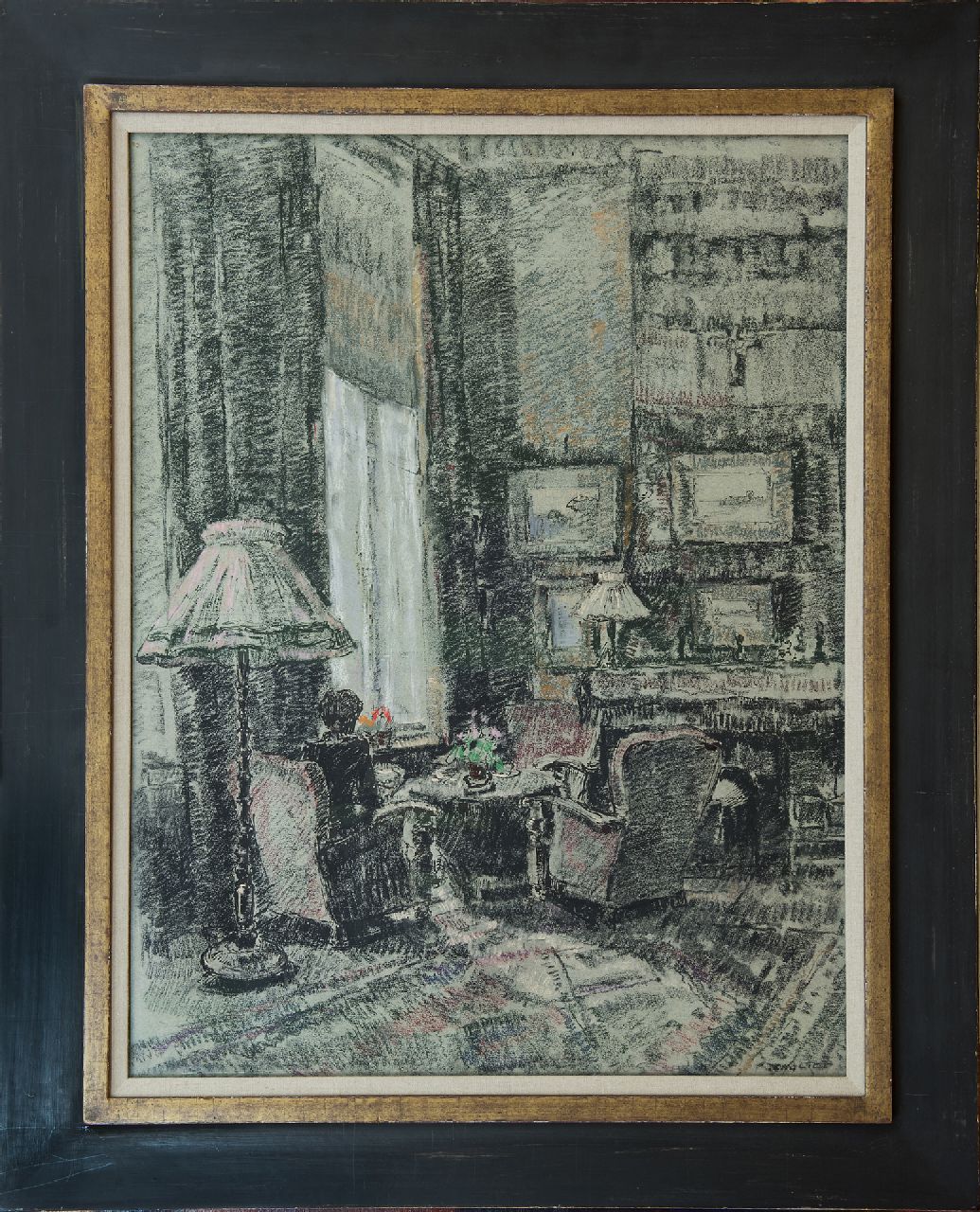 Noltee B.C. | Bernardus Cornelis 'Cor' Noltee | Aquarellen en tekeningen te koop aangeboden | Hoekje bij het raam; woonkamer van de familie Noltee, krijt op papier 65,0 x 50,0 cm, gesigneerd rechtsonder Noltee B.C. | Bernardus Cornelis 'Cor' Noltee | Aquarellen en tekeningen te koop aangeboden | Hoekje bij het raam; woonkamer van de familie Noltee, krijt op papier 65,0 x 50,0 cm, gesigneerd rechtsonder