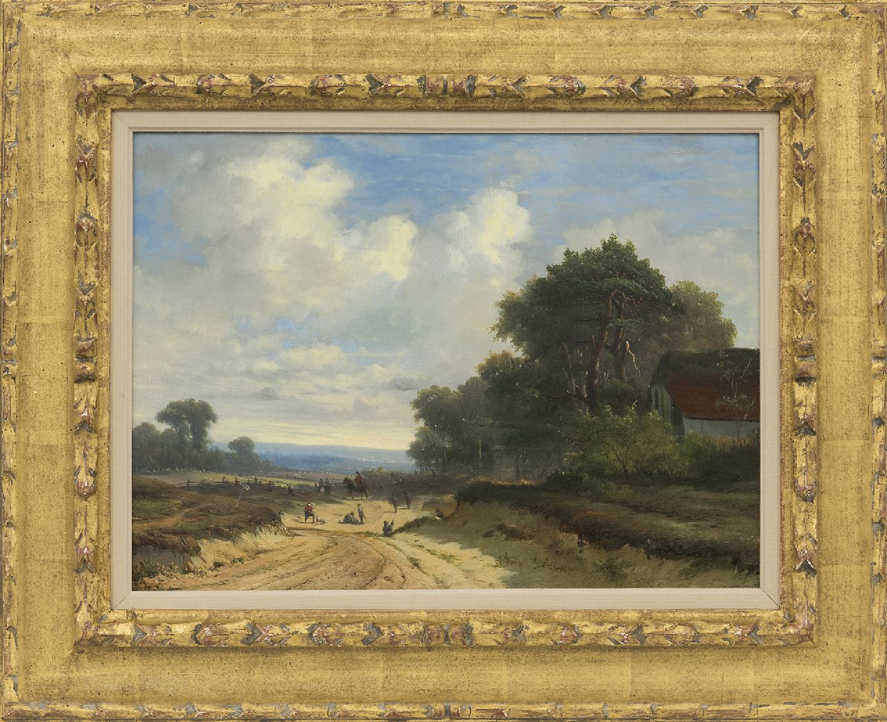 Weerts C.A. | Coenraad Alexander Weerts, Infanteristen op een zandpad bij een boerenhoeve, olieverf op paneel 28,5 x 39,3 cm, gesigneerd met resten van signatuur rechtsonder Weerts C.A. | Coenraad Alexander Weerts, Infanteristen op een zandpad bij een boerenhoeve, olieverf op paneel 28,5 x 39,3 cm, gesigneerd met resten van signatuur rechtsonder