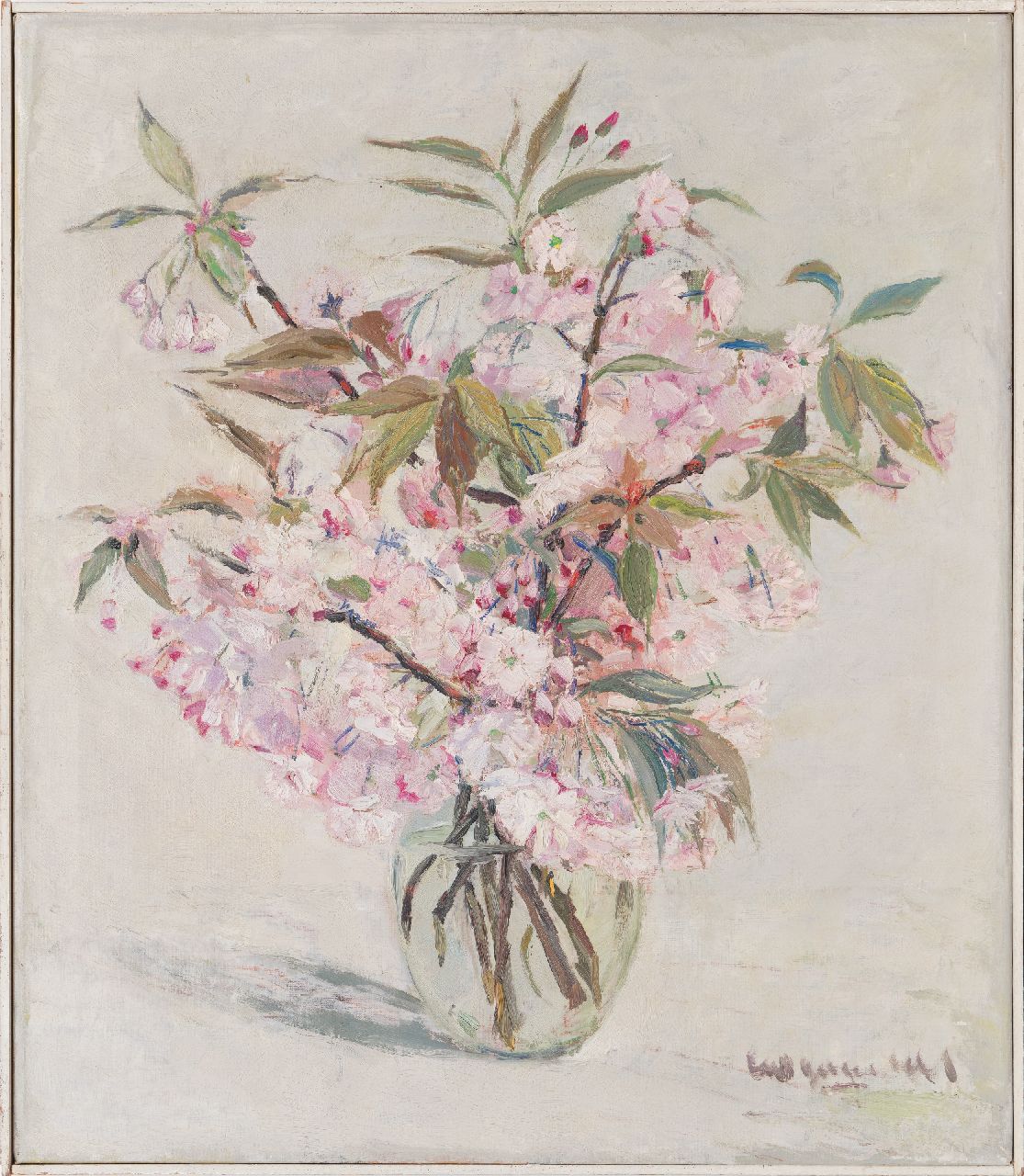 Onbekend   | Onbekend | Schilderijen te koop aangeboden | Bloesemtakken in glazen vaas, olieverf op doek 70,1 x 60,5 cm, gesigneerd rechtsonder en 1941 zonder lijst