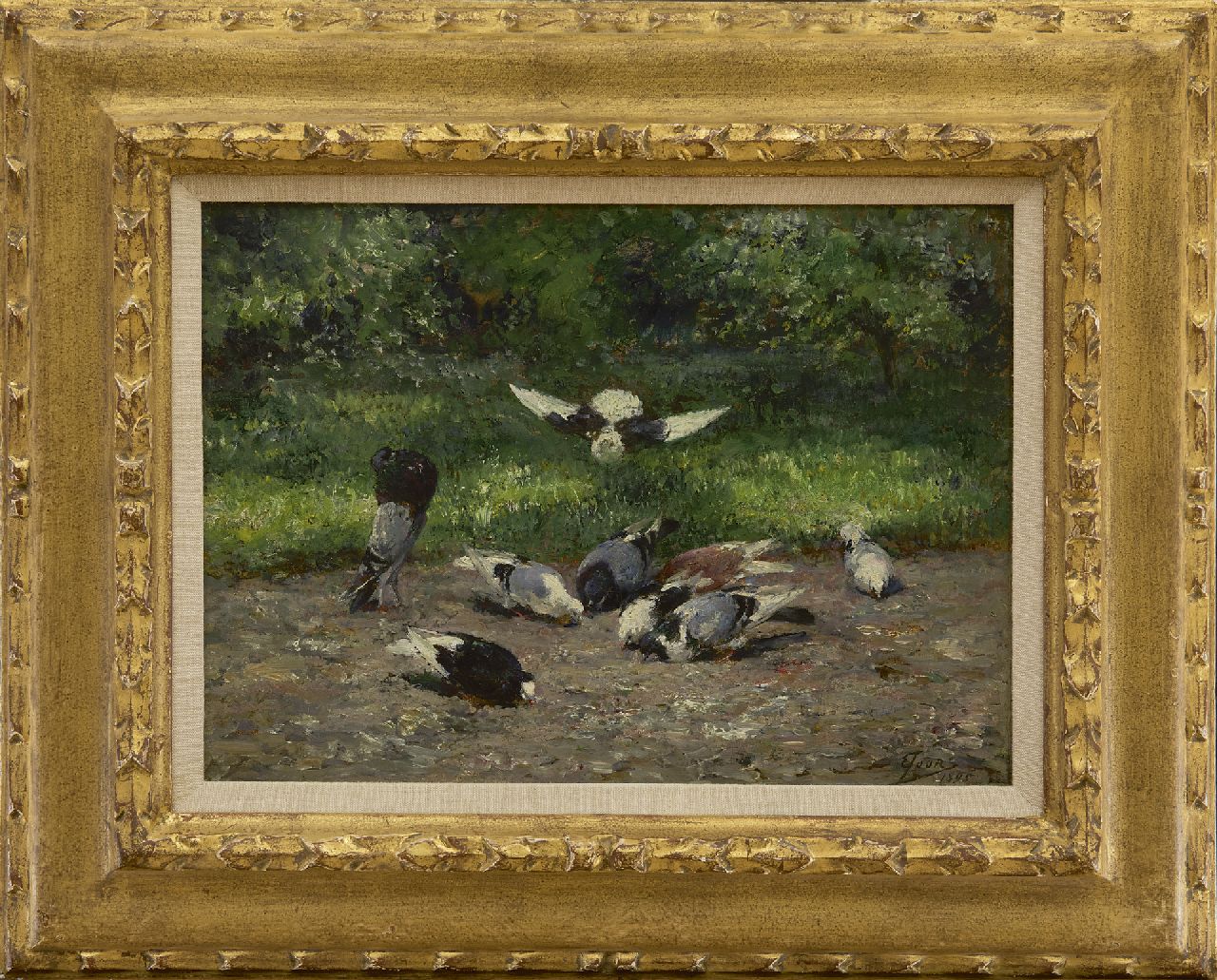 Joors E. | Eugeen Joors, Duiven in het park, olieverf op paneel 24,0 x 32,5 cm, gesigneerd rechtsonder en gedateerd 1895 Joors E. | Eugeen Joors, Duiven in het park, olieverf op paneel 24,0 x 32,5 cm, gesigneerd rechtsonder en gedateerd 1895
