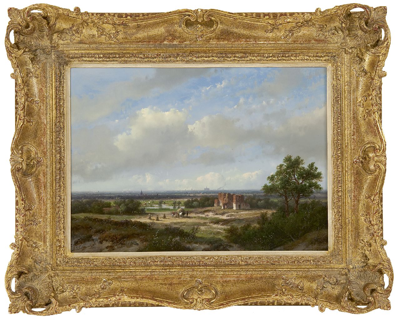 Schelfhout A. | Andreas Schelfhout, Panoramisch landschap met het stadssilhouet van Haarlem en de ruïne van Brederode, olieverf op paneel 28,4 x 39,1 cm, gesigneerd linksonder en gedateerd '55 Schelfhout A. | Andreas Schelfhout, Panoramisch landschap met het stadssilhouet van Haarlem en de ruïne van Brederode, olieverf op paneel 28,4 x 39,1 cm, gesigneerd linksonder en gedateerd '55