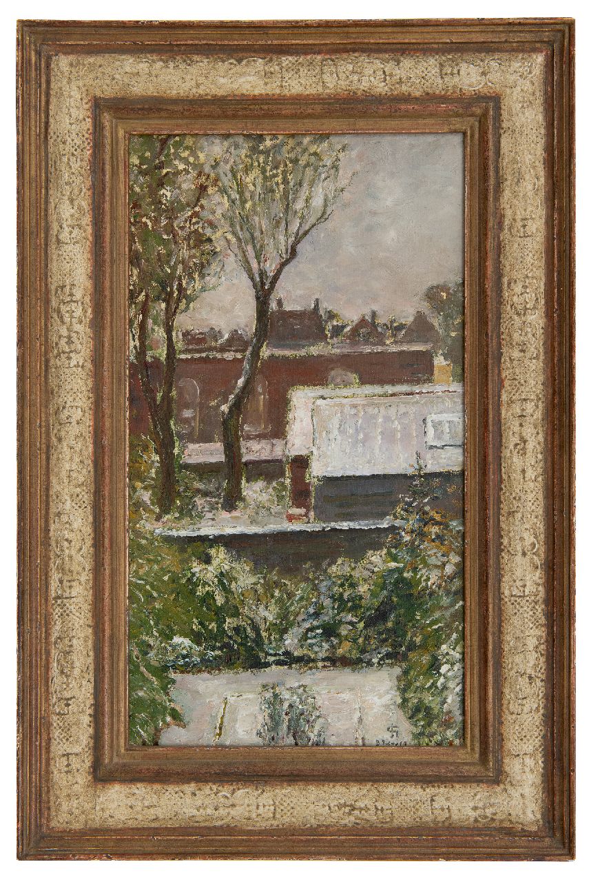 Storm van 's-Gravesande C.N.  | Carel Nicolaas Storm van 's-Gravesande | Schilderijen te koop aangeboden | Gezicht op tuinen en huizen, olieverf op doek op board 45,6 x 25,0 cm, gesigneerd rechtsonder met monogram en gedateerd 3 nov. 19 (1919)
