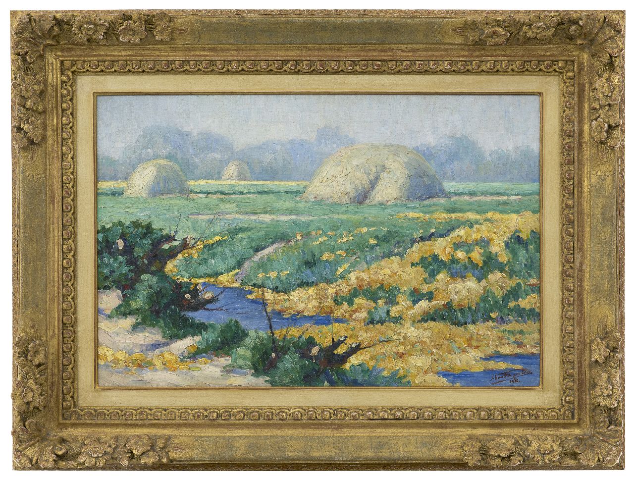 Tongerloo F. van | Frans van Tongerloo, Gracht met bloemen en drie rietschelven, olieverf op doek 40,5 x 60,5 cm, gesigneerd rechtsonder en gedateerd 1916