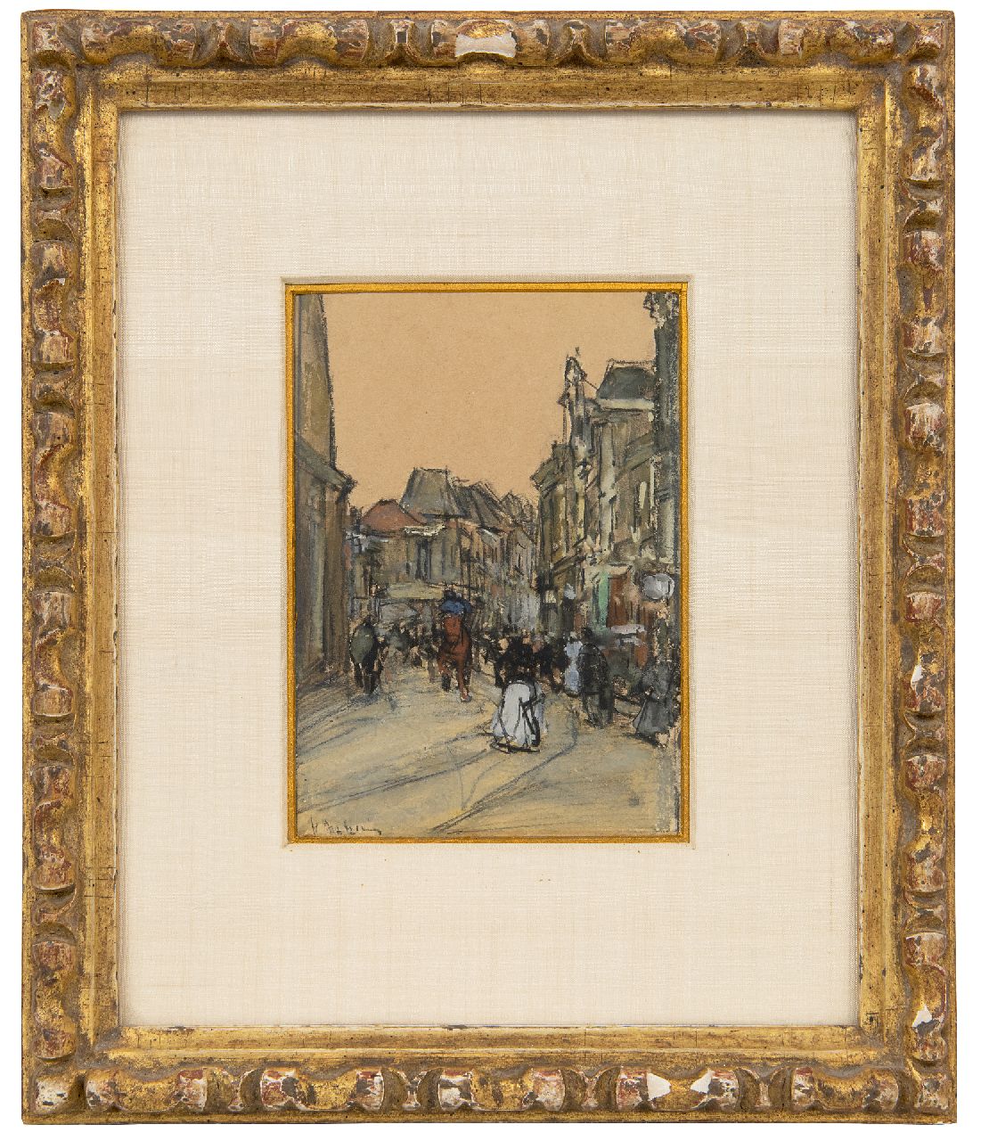 Arntzenius P.F.N.J.  | Pieter Florentius Nicolaas Jacobus 'Floris' Arntzenius, Haags straatje, zwart krijt en aquarel op papier 12,5 x 8,9 cm, gesigneerd linksonder