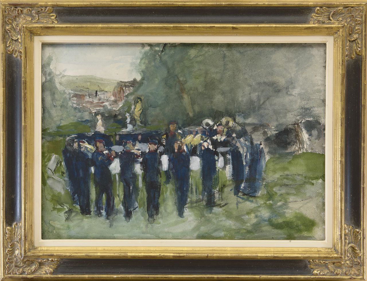 Rappard A.G.A. van | 'Anthon' Gerhard Alexander van Rappard | Aquarellen en tekeningen te koop aangeboden | Muziekkorps in Neuenahr, krijt, aquarel en gouache op papier 35,7 x 51,0 cm