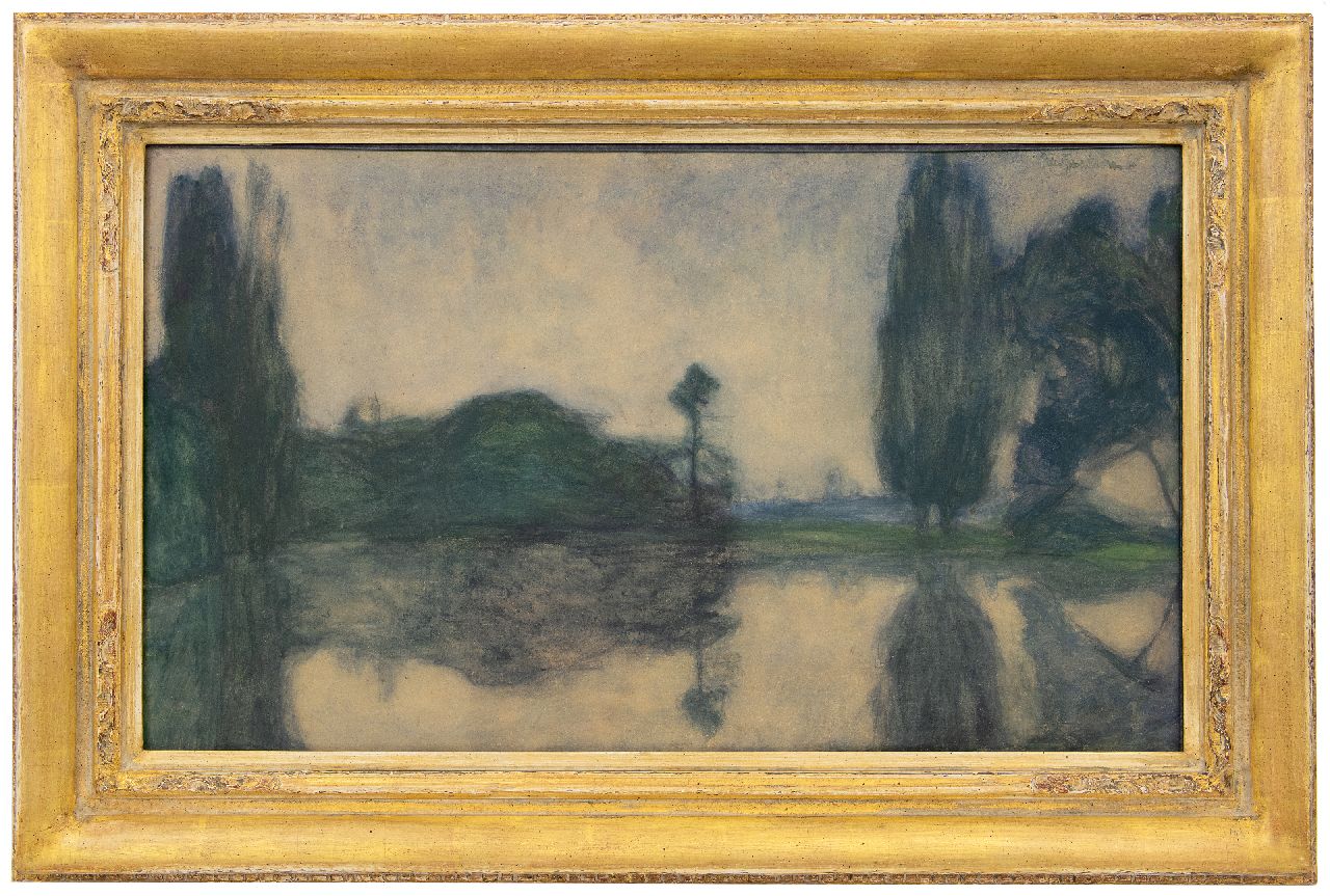 Geetere F.J.J. de | François Joseph Jean 'Frans' de Geetere | Aquarellen en tekeningen te koop aangeboden | Rivieroever, potlood, aquarel en gouache op papier 36,2 x 61,8 cm, gesigneerd rechtsboven