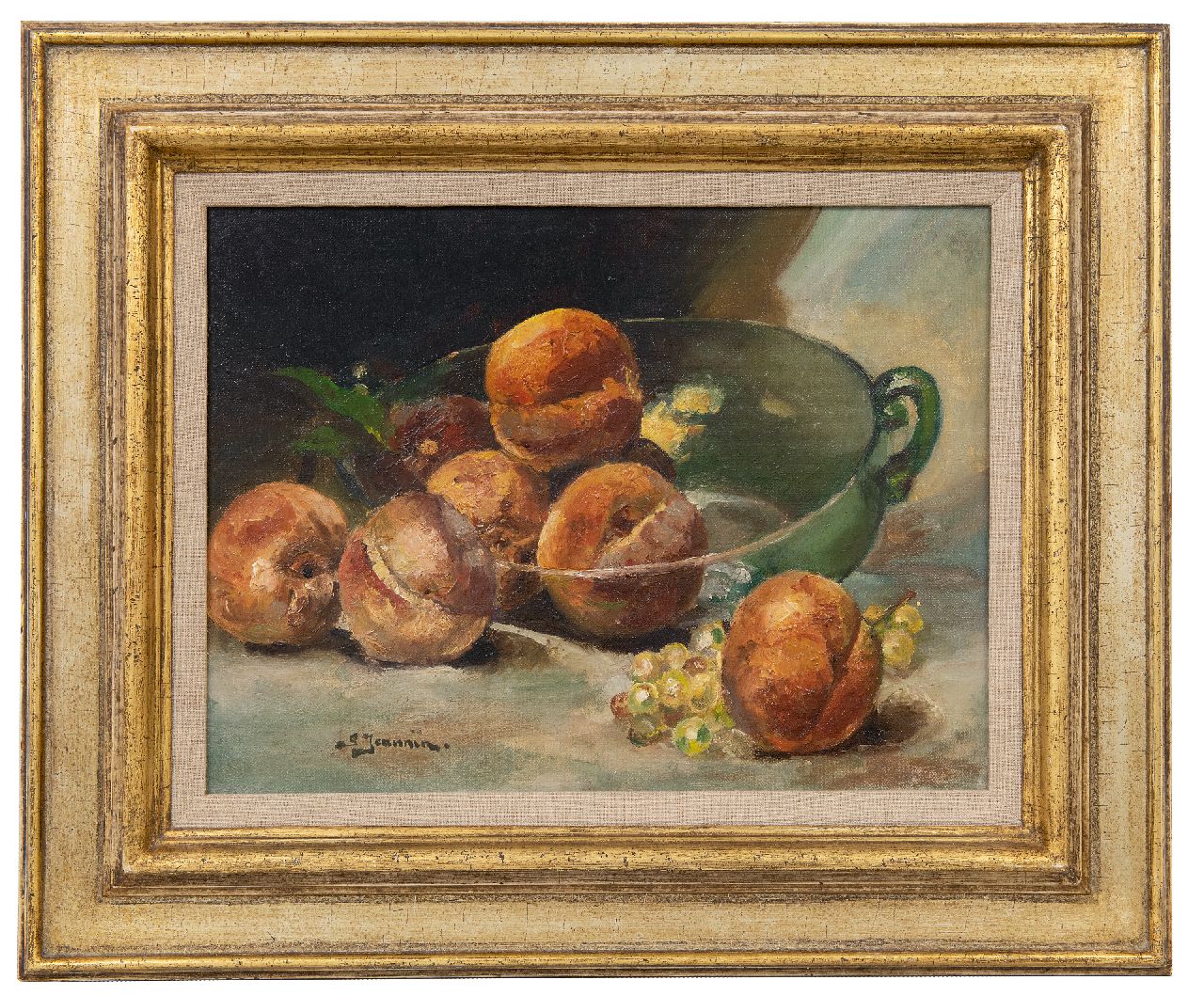 Jeannin G.  | Georges Jeannin | Schilderijen te koop aangeboden | Stilleven met druiventros en perziken in glazen schaal, olieverf op doek 30,2 x 40,2 cm, gesigneerd linksonder