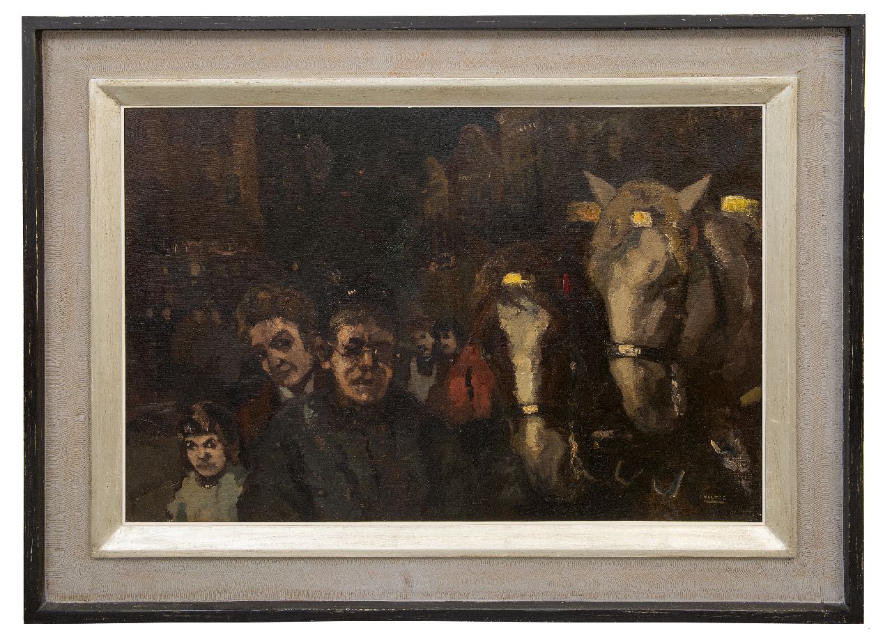 Noltee B.C. | Bernardus Cornelis 'Cor' Noltee | Schilderijen te koop aangeboden | Figuren en koetspaarden bij avond, olieverf op doek 60,7 x 90,7 cm, gesigneerd rechtsonder Noltee B.C. | Bernardus Cornelis 'Cor' Noltee | Schilderijen te koop aangeboden | Figuren en koetspaarden bij avond, olieverf op doek 60,7 x 90,7 cm, gesigneerd rechtsonder