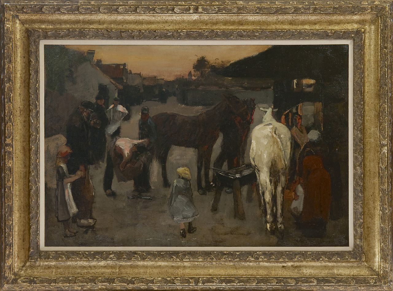 Breitner G.H.  | George Hendrik Breitner, Bij de hoefsmid aan de Haringkade, Den Haag, olieverf op doek 50,0 x 75,4 cm, gesigneerd rechtsonder en gedateerd '87