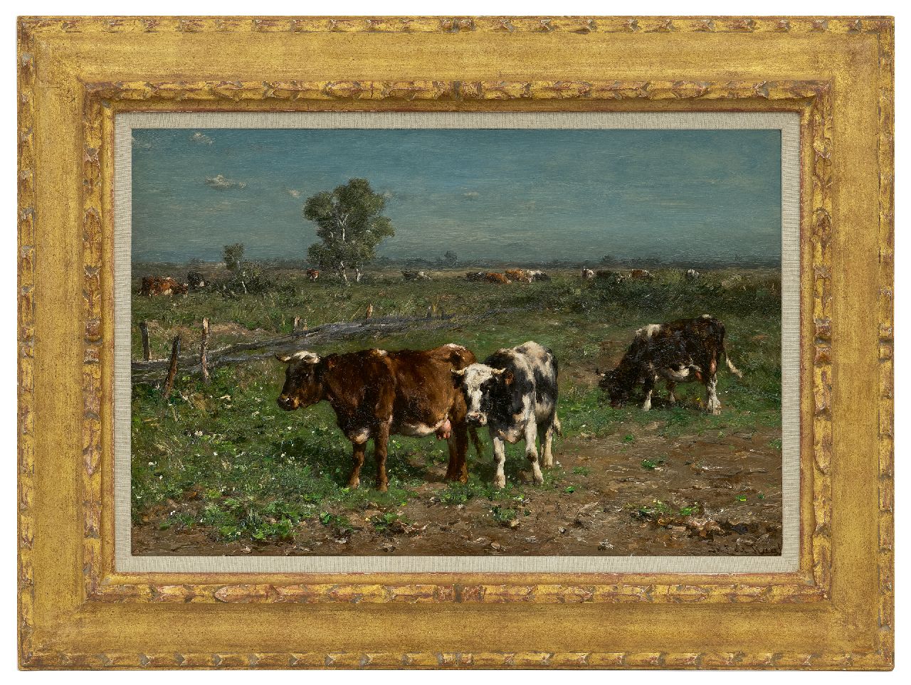 Haas J.H.L. de | Johannes Hubertus Leonardus de Haas, Zwart- en roodbont vee in een weide, olieverf op paneel 31,3 x 47,2 cm, gesigneerd rechtsonder