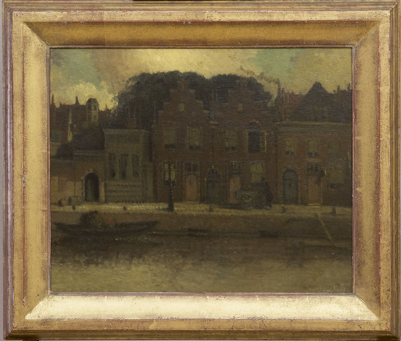 Daalhoff H.A. van | Hermanus Antonius 'Henri' van Daalhoff | Schilderijen te koop aangeboden | Huizen langs de kade, olieverf op paneel 37,7 x 46,0 cm, gesigneerd rechtsonder Daalhoff H.A. van | Hermanus Antonius 'Henri' van Daalhoff | Schilderijen te koop aangeboden | Huizen langs de kade, olieverf op paneel 37,7 x 46,0 cm, gesigneerd rechtsonder