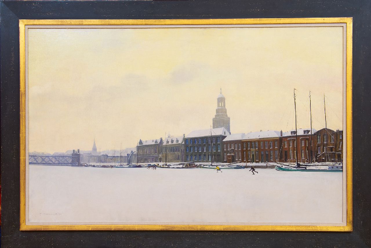 Meuldijk M.  | Maarten Meuldijk, Schaatsers op de IJssel bij Kampen, olieverf op doek 64,0 x 100,7 cm, gesigneerd linksonder en gedateerd '29