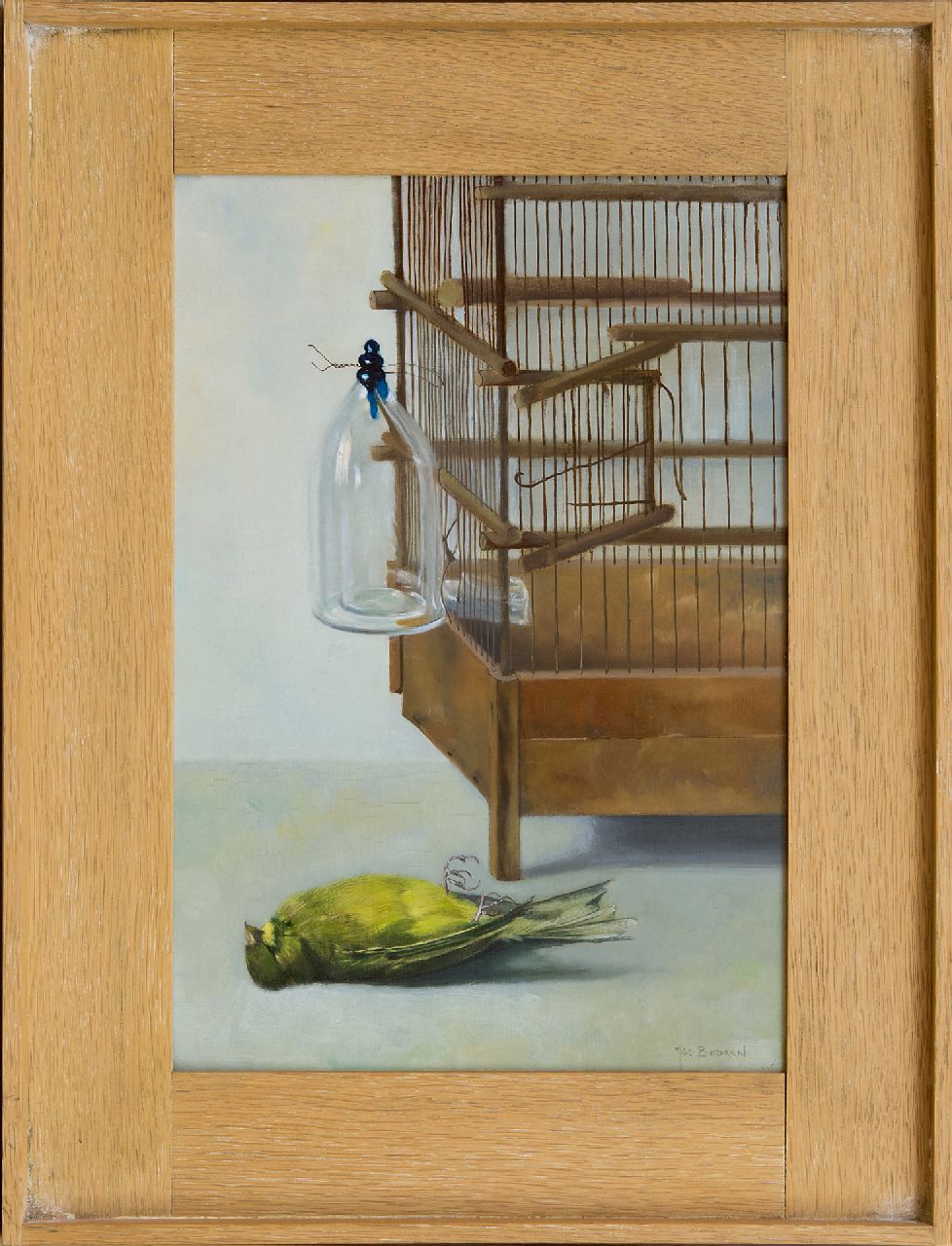 Bodaan J.J. | Johan Jacob Bodaan | Schilderijen te koop aangeboden | Dood vogeltje bij een kooi, olieverf op paneel 36,2 x 25,2 cm, gesigneerd rechtsonder Bodaan J.J. | Johan Jacob Bodaan | Schilderijen te koop aangeboden | Dood vogeltje bij een kooi, olieverf op paneel 36,2 x 25,2 cm, gesigneerd rechtsonder