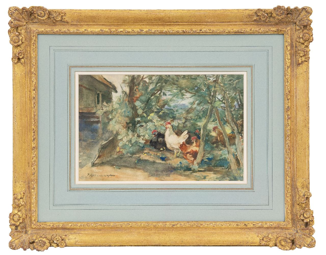 Akkeringa J.E.H.  | 'Johannes Evert' Hendrik Akkeringa | Aquarellen en tekeningen te koop aangeboden | Kippen op een erfje, aquarel op papier 18,7 x 29,3 cm, gesigneerd linksonder