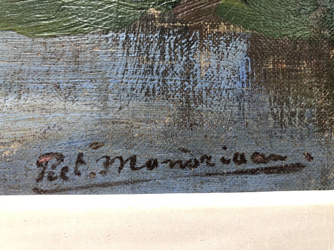 Piet Mondriaan signaturen Boerderij Geinrust achter bomenrij aan het Gein; met 'geïsoleerde boom'