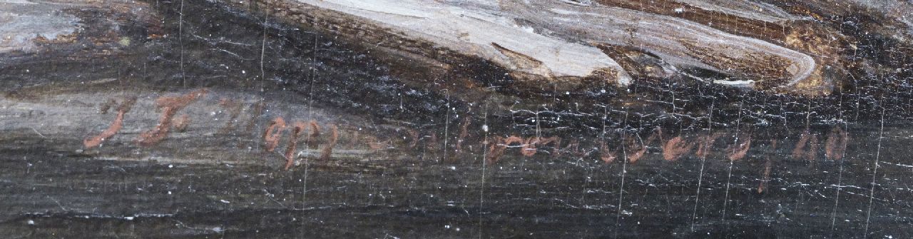 John Franciscus Hoppenbrouwers signaturen Maaslandschap met vrachtboten en paardenkar