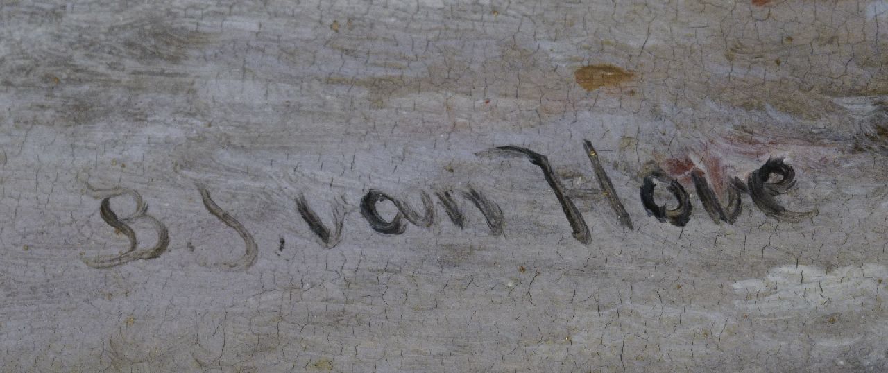 Bart van Hove signaturen Winters stadsgezicht met bevroren rivier
