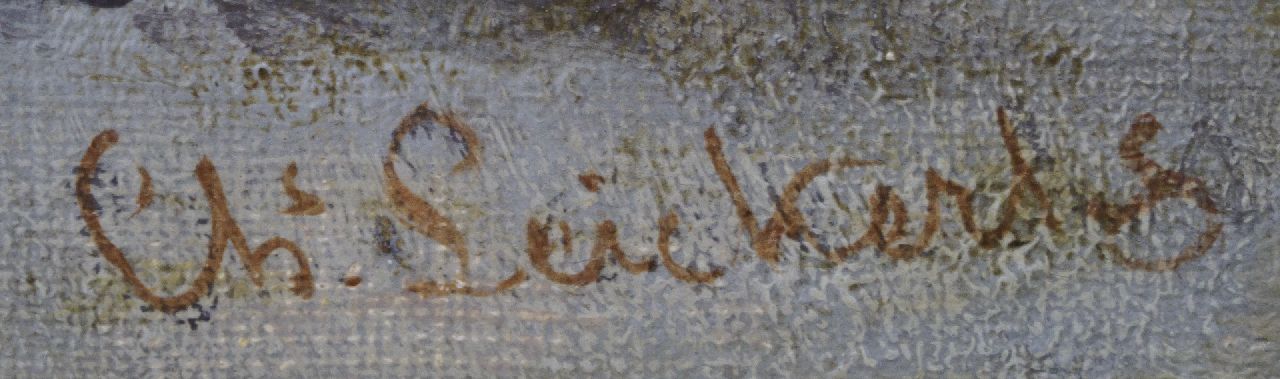 Charles Leickert signaturen Vissers en schepen op het strand van Scheveningen, bij maanlicht