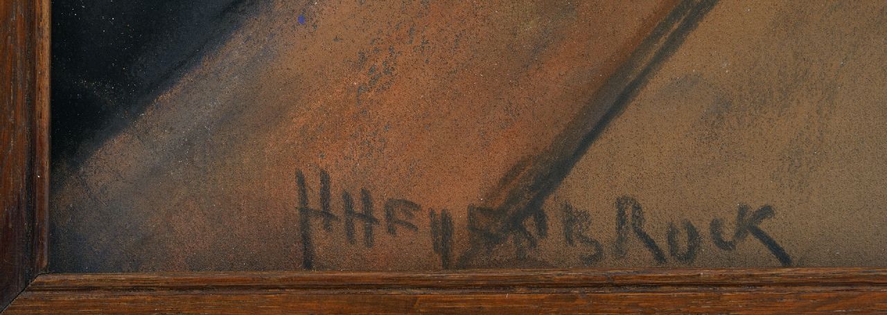 Herman Heijenbrock signaturen De Amsterdamse Kalverstraat met vlaggen, bij avond