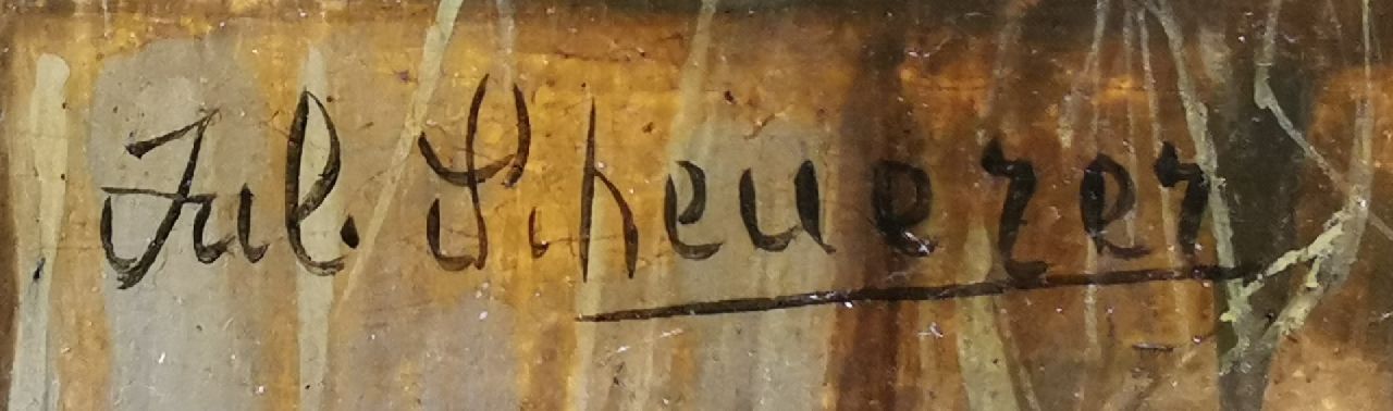 Julius Scheuerer signaturen Pauwenpaar met haan en kippen in de schuur