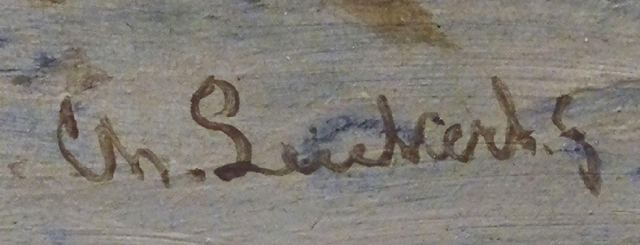 Charles Leickert signaturen Visafslag en schepen op het strand van Scheveningen