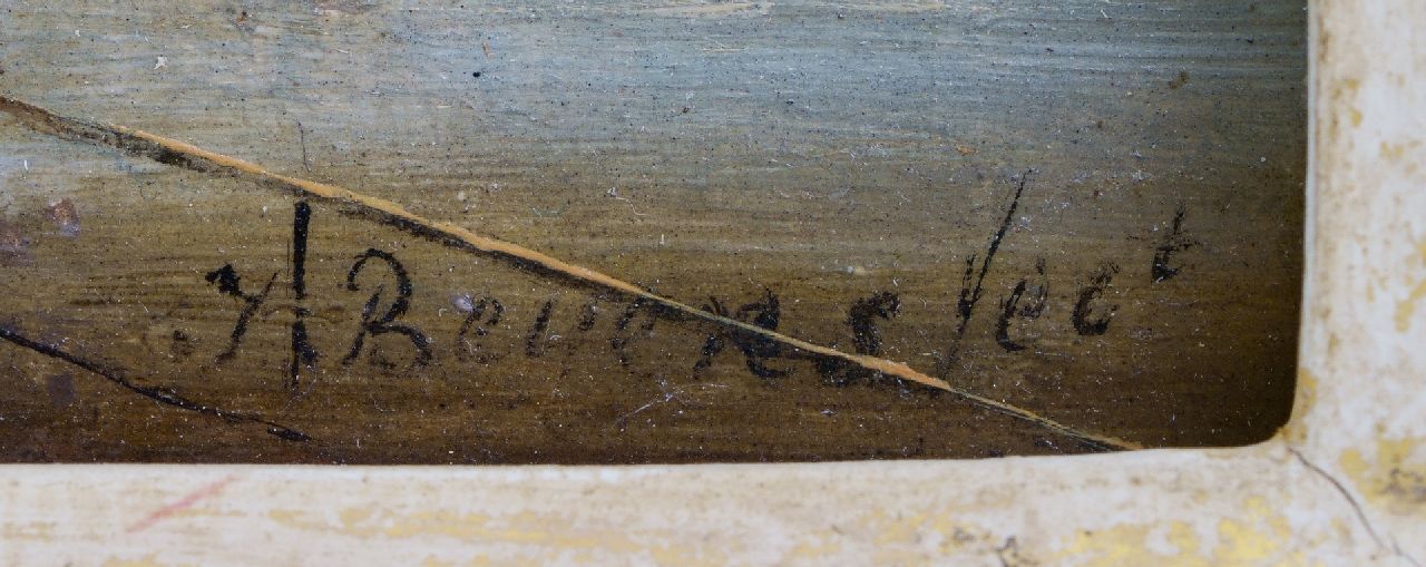 J. Beyens signaturen Gezicht op de Hoge Brug, de de vismarkt bij haven en de Grote Kerk in Breda