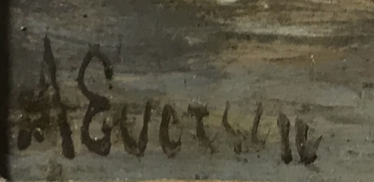 Adrianus Eversen signaturen Vissers in de stadsgracht, bij zomer