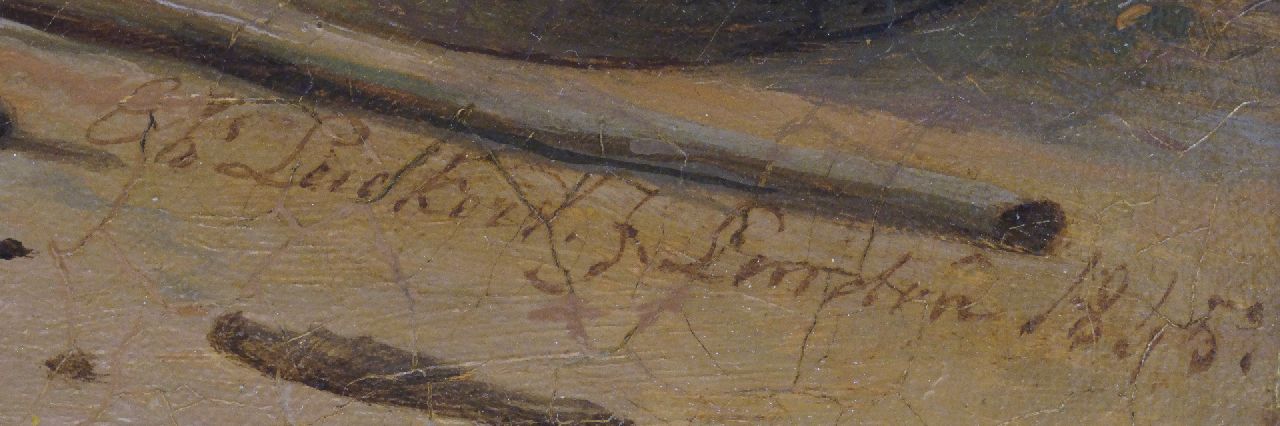 Charles Leickert signaturen Bomschuiten op het strand bij ondergaande zon