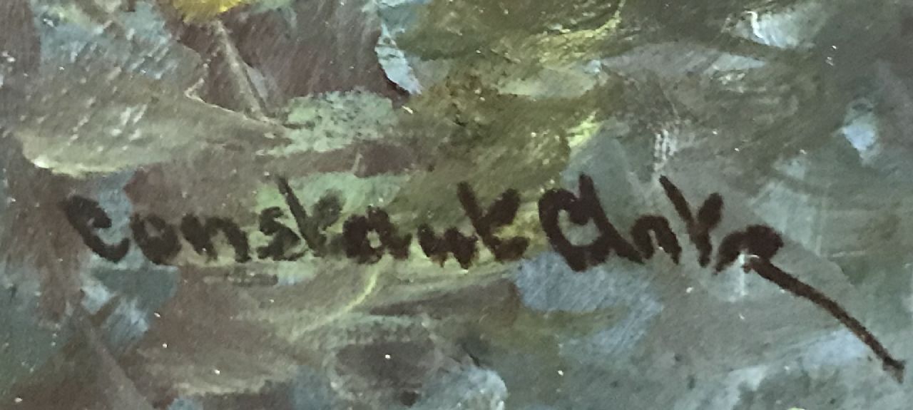Constant Artz signaturen Moedereend met zes kuikens in het water