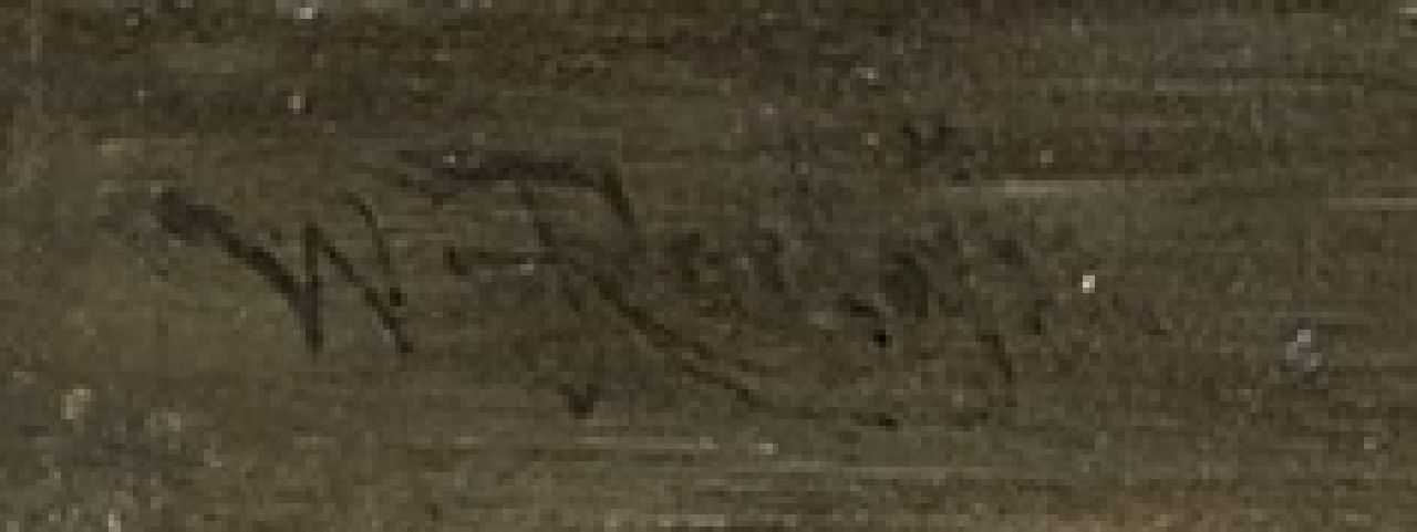 Willem Roelofs signaturen Dorpsvaart met vrouw aan de was (mogelijk Edam)