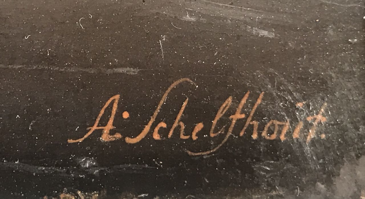Andreas Schelfhout signaturen Jager en schaatsers op het ijs langs de bosrand (1e versie)