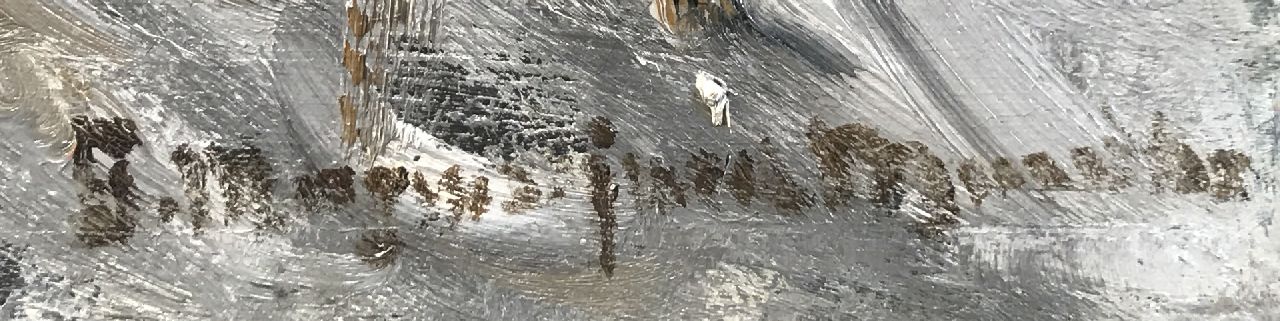 Morgenstjerne Munthe signaturen Stadsgezicht met koetsen en paarden in de sneeuw, bij avond