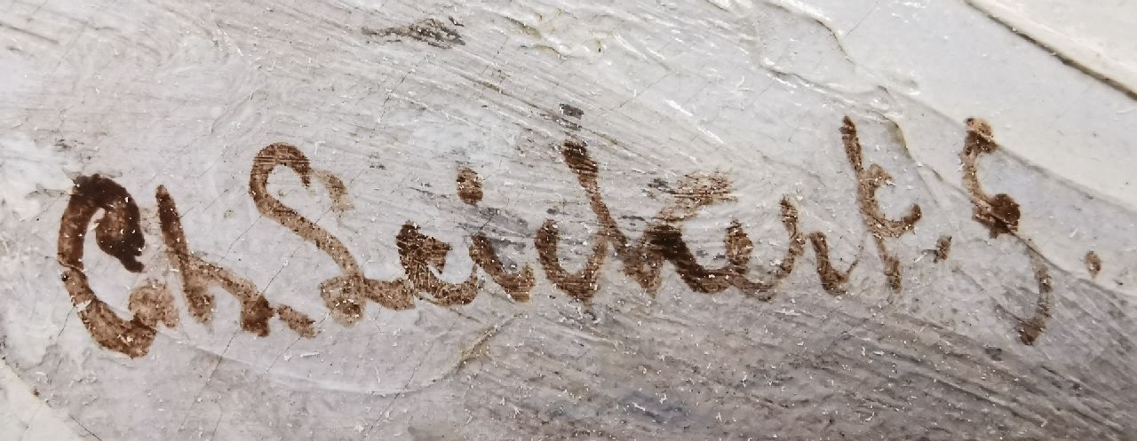 Charles Leickert signaturen Weids winterlandschap met figuren op besneeuwd pad