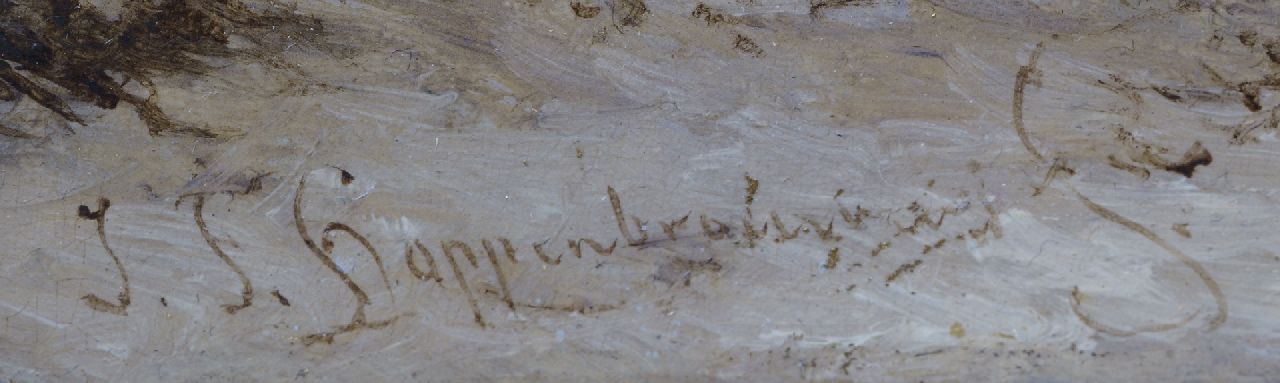 John Franciscus Hoppenbrouwers signaturen Wandelaars, vissers en bomschuiten op het strand bij Scheveningen