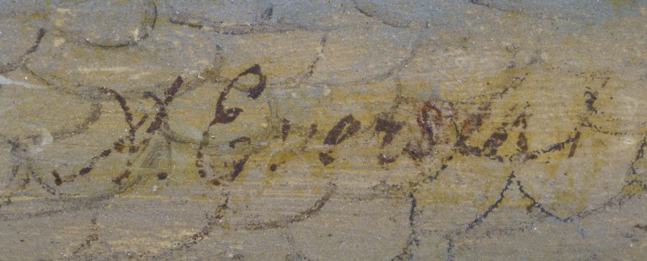 Adrianus Eversen signaturen Stadsgezicht met orgelman