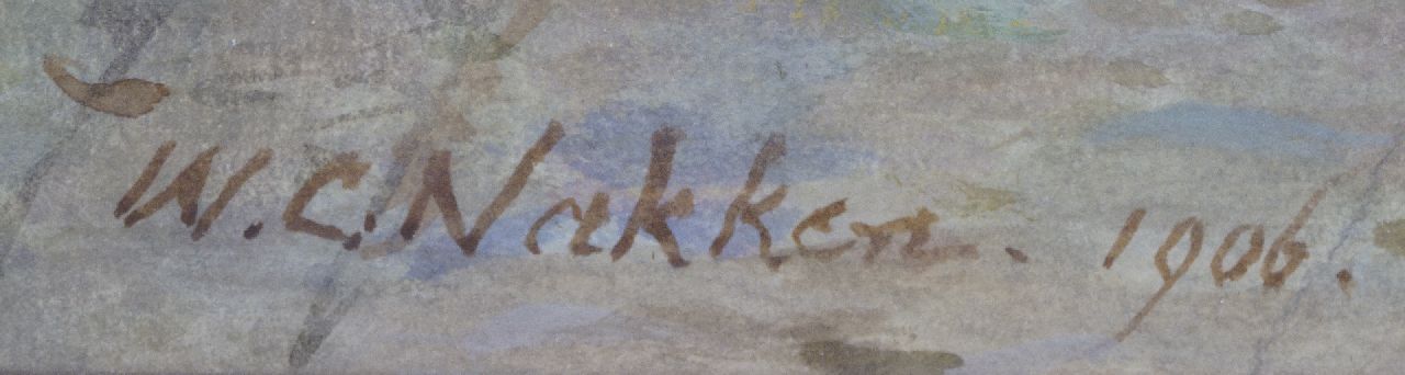 Willem Carel Nakken signaturen Boerenerf met werkvolk, paarden en kippen