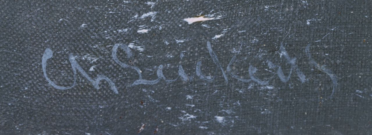Charles Leickert signaturen Figuren op het ijs bij naderende sneeuwstorm