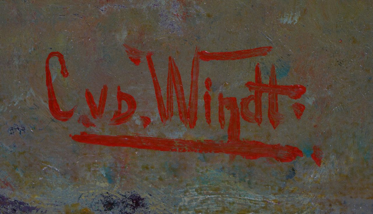Chris van der Windt signaturen Stilleven van een vis, wijnfles en fruitschaal