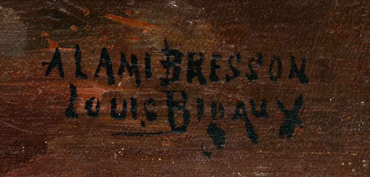 Louis Bigaux signaturen Stilleven met tabaksdoos, sigaret en kop en schotel