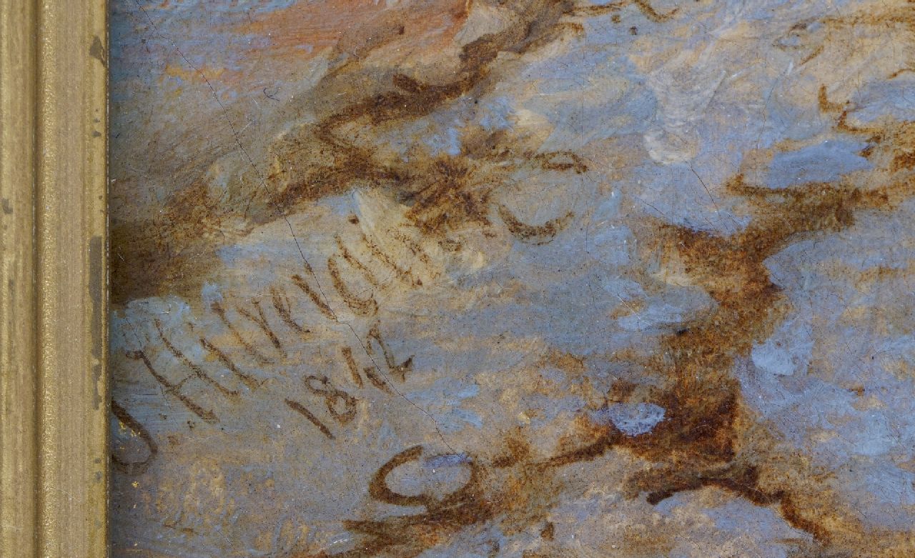 Johannes Hilverdink signaturen Winterlandschap met figuren op het ijs bij een molen