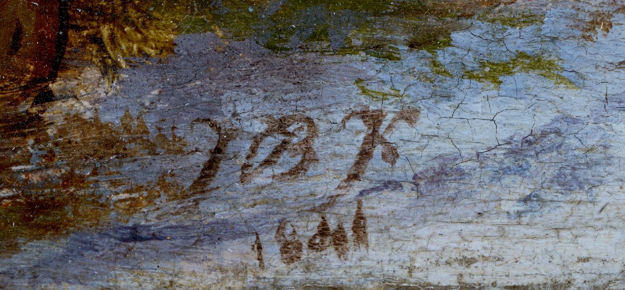Johann Bernard Klombeck signaturen Winters landschap met schaatsers en houtsprokkelaar