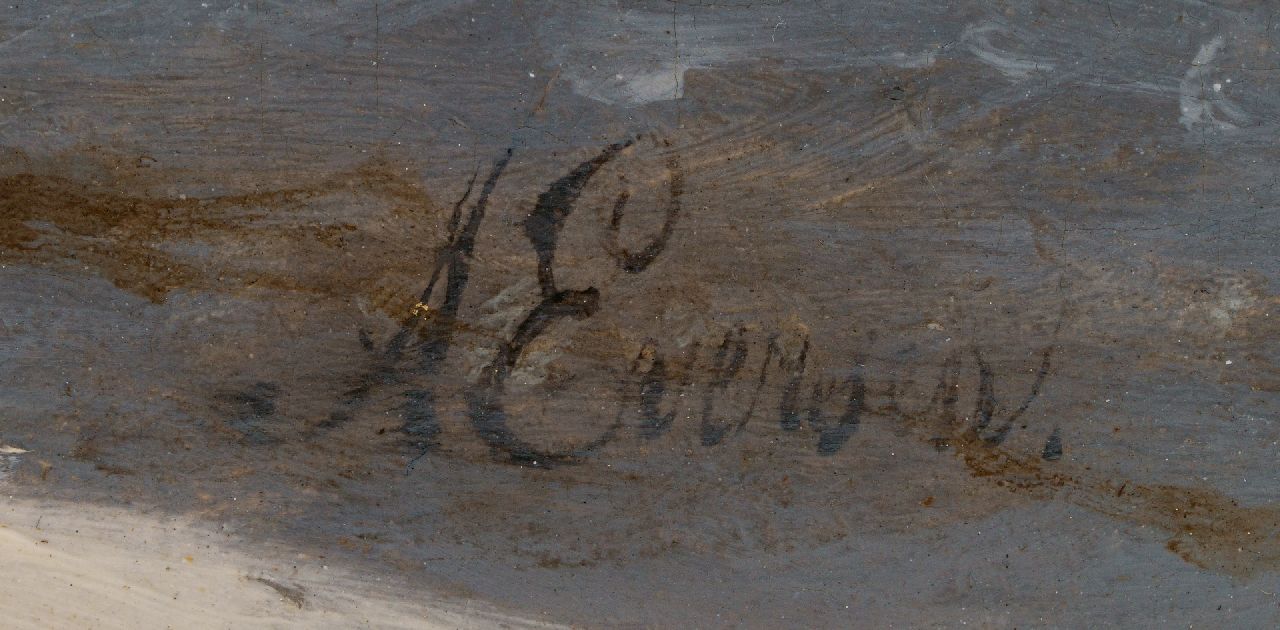Adrianus Eversen signaturen Figuren bij een slede in besneeuwde straat
