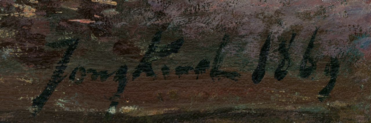 Johan Barthold Jongkind signaturen Coucher de soleil sur l'église, Hollande